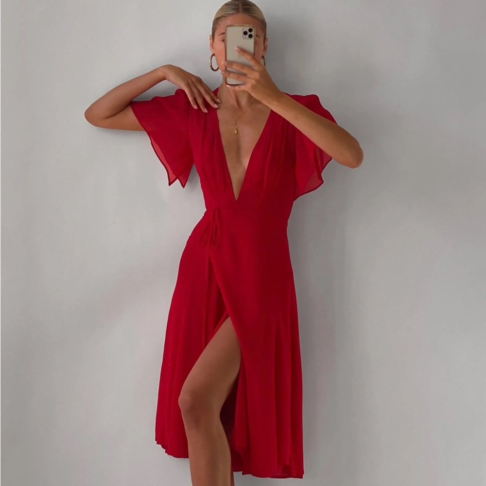 Reformation Red Plunge Neckline Midi Wrap Dress Size L